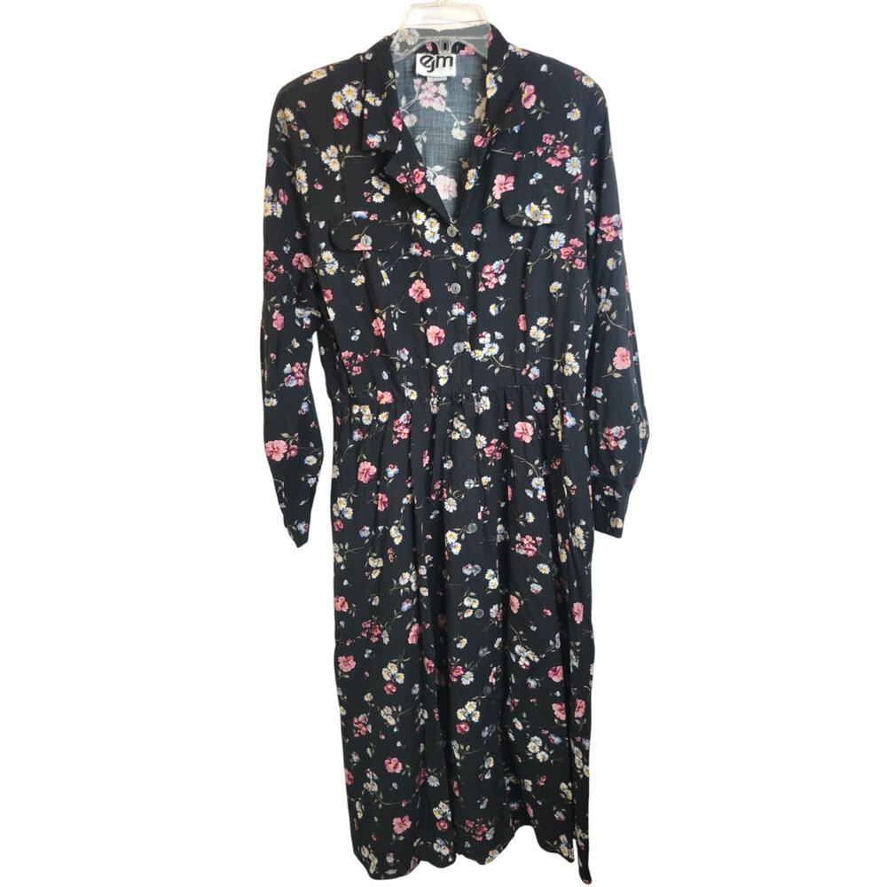 VTG EJM Black Floral Print Button Down Long Sleeve Prairie Midi Shirt Dress 16